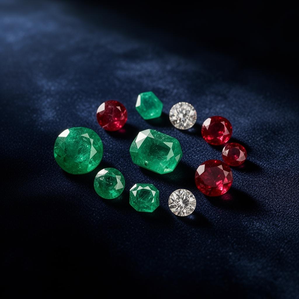 Diamantes, esmeraldas e rubis lapidados sobre veludo